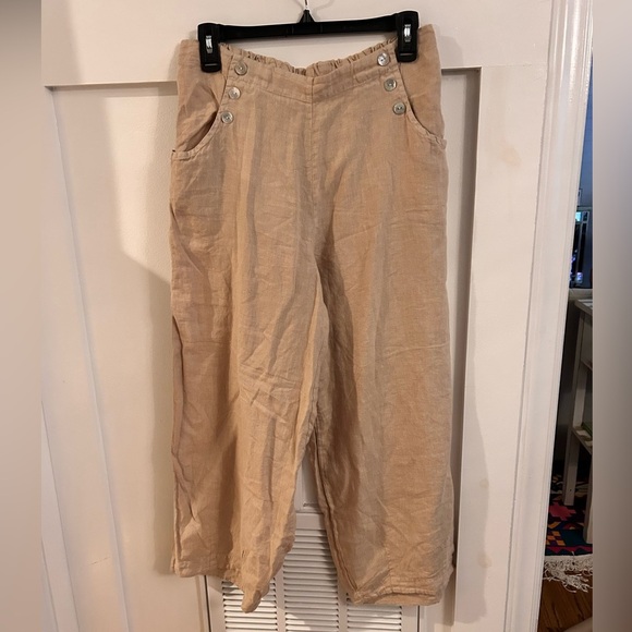 bryn Walker Pants - Brynn Walker Beige linen button pocket cropped pants